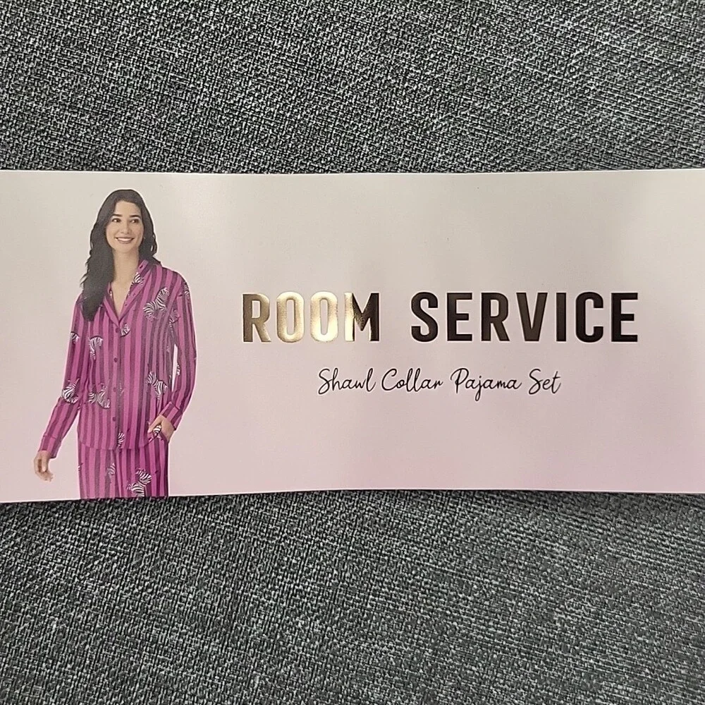 Room Service Cozy Lounge Pajama Set Sleepwear Printed Top Pants Large Size Pink - Picture 6 of 9
